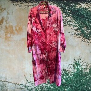 Custom XXL  Ice Dyed Pink and Red Linen Shirt Dress